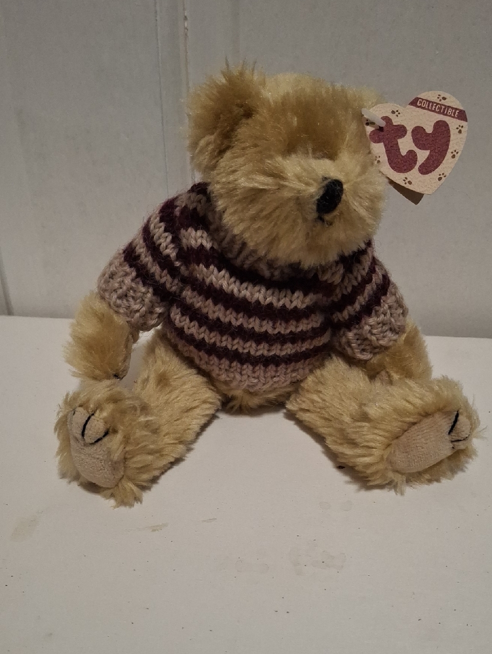 Ty Beige Fuzzy Bear Plush with Tan and Maroon Striped Sweater